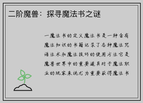 二阶魔兽：探寻魔法书之谜